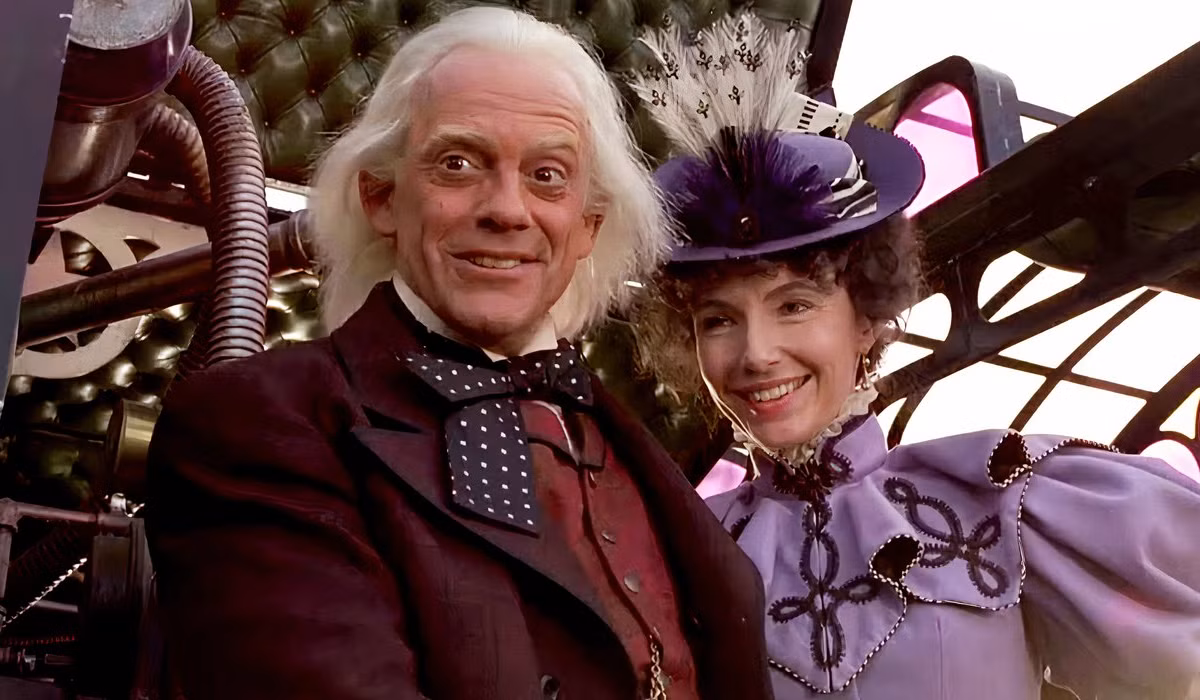 doc brown and mary smiling at the end of back to the future 3